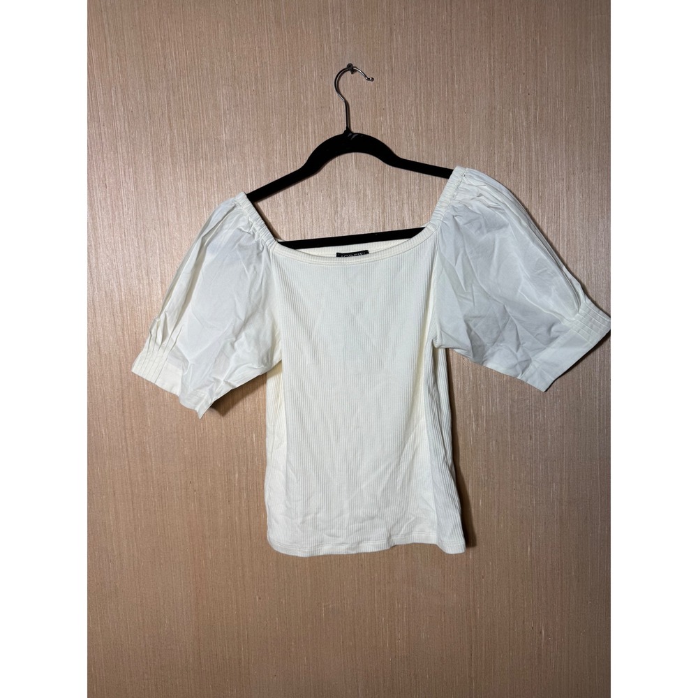 J.Crew Women Ivory Ribbed Mixed Media Puff Sleeve Square Neck Top Small NEW